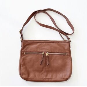 Fossil Elise Brown Leather Crossbody Bag Pebbled Leather Tan Zip Pocket Cow Hide